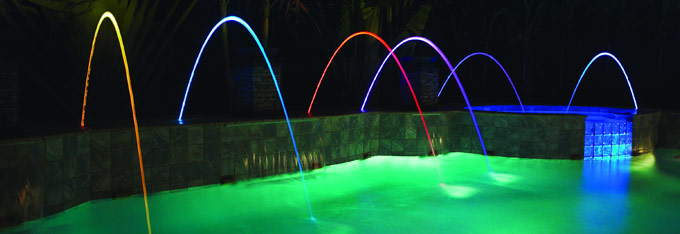 Arcs d’eau, jets lumineux multicolores d’animation piscine